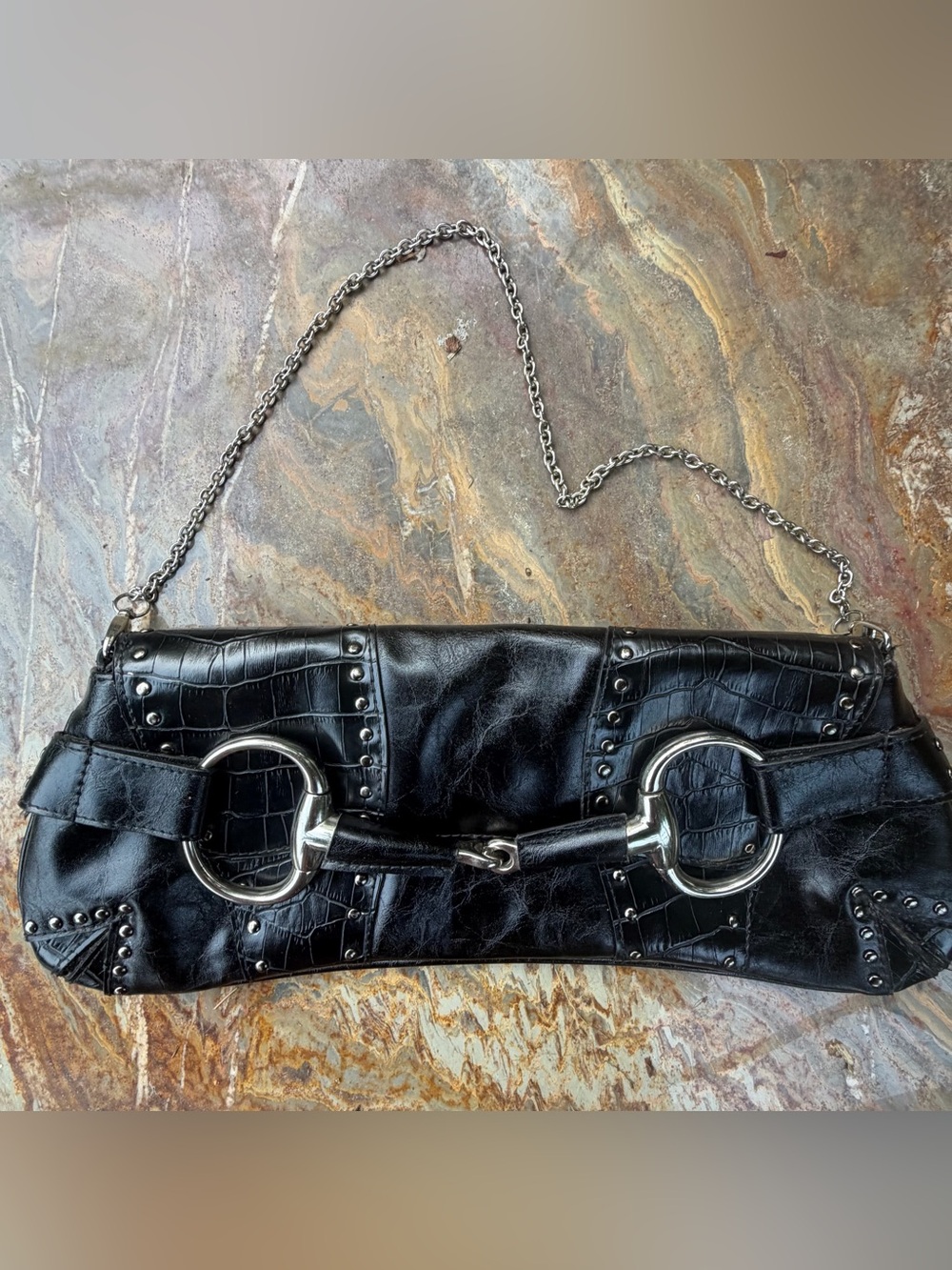 VINTAGE Sabina “Gucci”look Black Leather studded Clutch with Silver Horsebit